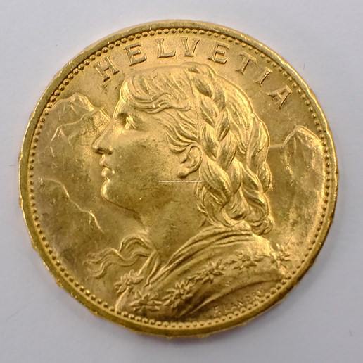 .. - Švýcarsko zlatý 20 frank VRENELI 1915. Zlato 900/1000, hrubá hmotnost 6,5g