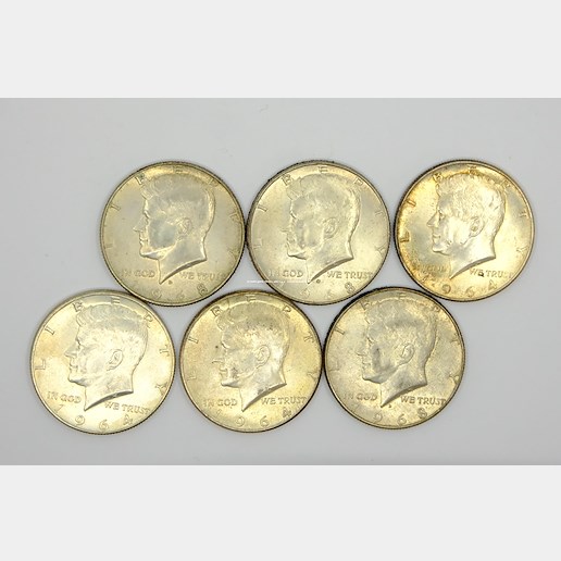.. - Lot 6 mincí Half dollar , 3x 1968 stříbro 400/1000, 3x 1964 stříbro 900/1000, hrubá hmotnost celkem 71,87g.