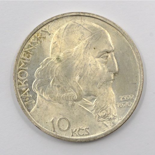 .. - 10 Kčs J. A. Komenský 1957 vzácná a vyhledávaná varianta stříbro 500/1000. Hrubá hmotnost mince 12g 