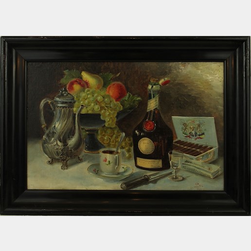 Olga - Zátiší s ovocem, lahví likéru a doutníky
