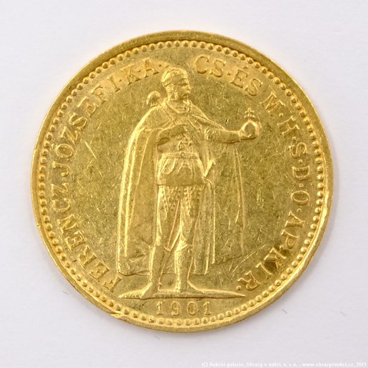 .. - Rakousko Uhersko zlatá 10 Koruna 1901 K.B. uherská. Zlato 900/1000, hrubá hmotnost mince 3,387g