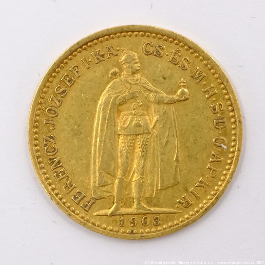 .. - Rakousko Uhersko zlatá 10 Koruna 1903 K.B. uherská. Zlato 900/1000, hrubá hmotnost mince 3,387g