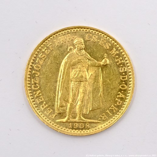 .. - Rakousko Uhersko zlatá 10 Koruna 1908 K.B. uherská. Zlato 900/1000, hrubá hmotnost mince 3,387g
