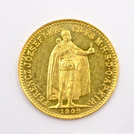 .. - Rakousko Uhersko zlatá 10 Koruna 1909 K.B. uherská.  Zlato 900/1000, hrubá hmotnost mince 3,387g