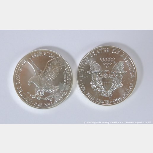 .. - 2 kusy Stříbrné mince 1 Unce 1 dolar SVOBODA 2011 a 2021. Stříbro 999/1000, hrubá hmotnost 62,30g