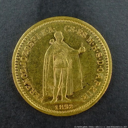 Neznámý autor - Rakousko Uhersko zlatá 10 Koruna 1892 K.B. uherská. Zlato 900/1000, hrubá hmotnost mince 3,387g
