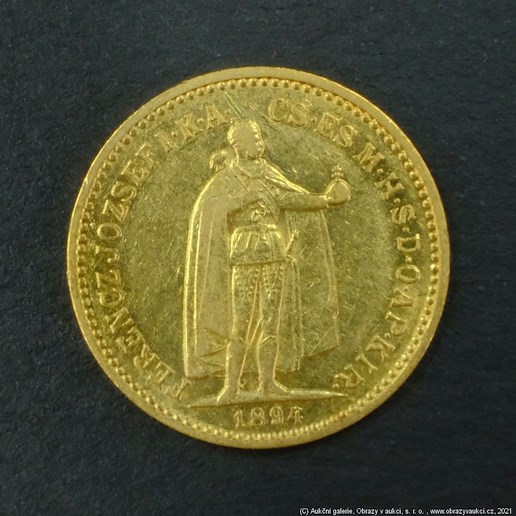 Neznámý autor - Rakousko Uhersko zlatá 10 Koruna 1894 K.B. uherská. Zlato 900/1000, hrubá hmotnost mince 3,387g