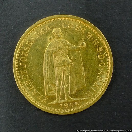 Neznámý autor - Rakousko Uhersko zlatá 10 Koruna 1904 K.B. uherská. Zlato 900/1000, hrubá hmotnost mince 3,387g