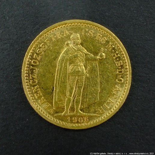 Neznámý autor - Rakousko Uhersko zlatá 10 Koruna 1905 K.B. uherská. Zlato 900/1000, hrubá hmotnost mince 3,387g