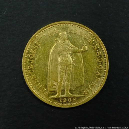Neznámý autor - Rakousko Uhersko zlatá 10 Koruna 1908 K.B. uherská. Zlato 900/1000, hrubá hmotnost mince 3,387g