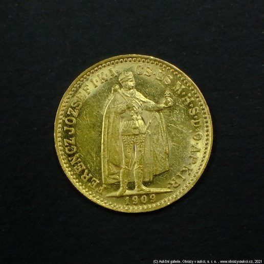 Neznámý autor - Rakousko Uhersko zlatá 10 Koruna 1909 K.B. uherská. Zlato 900/1000, hrubá hmotnost mince 3,387g