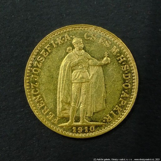 Neznámý autor - Rakousko Uhersko zlatá 10 Koruna 1910 K.B. uherská. Zlato 900/1000, hrubá hmotnost mince 3,387g