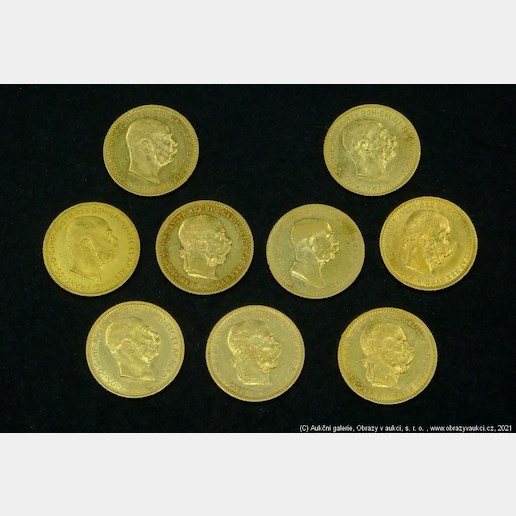 Neznámý autor - Rakousko Uhersko zlatá sada 9 kusů 10 Korun1896-1912 rakouské.  Zlato 900/1000, hrubá hmotnost 30,483g