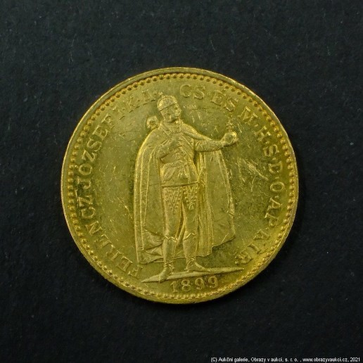 Neznámý autor - Rakousko Uhersko zlatá 20 Koruna 1899 uherská. Zlato 900/1000, hrubá hmotnost mince 6,78g