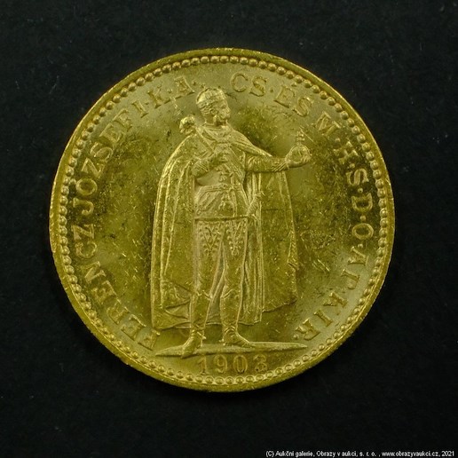 Neznámý autor - Rakousko Uhersko zlatá 20 Koruna 1903 uherská. Zlato 900/1000, hrubá hmotnost mince 6,78g