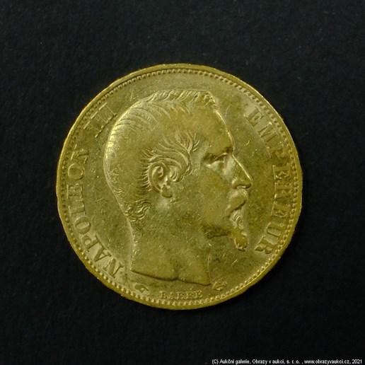 Neznámý autor - Francie zlatý 20 frank NAPOLEON III. 1856 A. Zlato 900/1000, hrubá hmotnost 6,45g