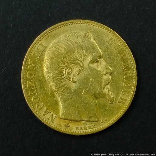Neznámý autor - Francie zlatý 20 frank NAPOLEON III. 1859BB. Zlato 900/1000, hrubá hmotnost 6,45g