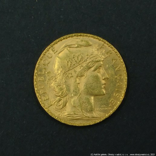 Neznámý autor - Francie zlatý 20 frank ROOSTER 1904. Zlato 900/1000, hrubá hmotnost 6,44g