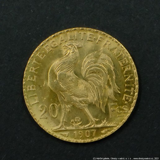 Neznámý autor - Francie zlatý 20 frank ROOSTER 1907. Zlato 900/1000, hrubá hmotnost 6,44g
