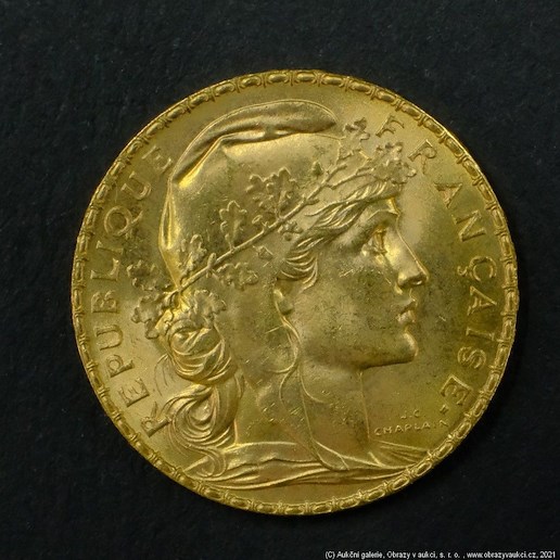 Neznámý autor - Francie zlatý 20 frank ROOSTER 1909. Zlato 900/1000, hrubá hmotnost 6,44g