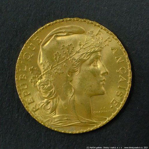 Neznámý autor - Francie zlatý 20 frank ROOSTER 1910. Zlato 900/1000, hrubá hmotnost 6,44g