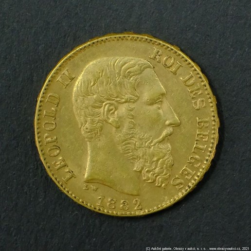 Neznámý autor - Belgie zlatý 20 frank Leopold II. 1882. Zlato 900/1000, hrubá hmotnost 6,45g 