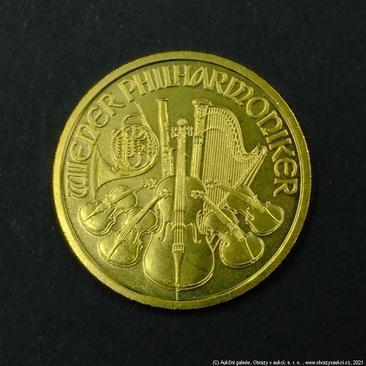 Neznámý autor - Zlatá 1/2Uncová mince 1000 Schiling 1997 Rakousko Vídeňští Filharmonici. Zlato 999,9/1000, hrubá hmotnost 15,58g
