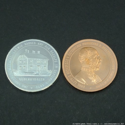 Neznámý autor - Sada 2 kusů mincí Novoražen Tolaru 1877 otevření chaty na RAXALPĚ. Stříbro 900/1000, hrubá hmotnost 19g. Měď 999/1000, hrubá hmotnost 17g