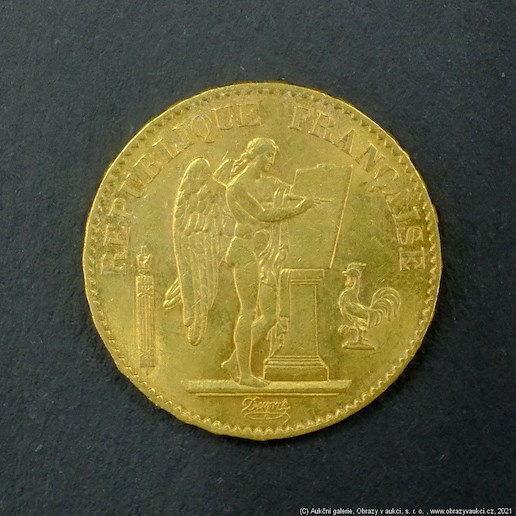Neznámý autor - Francie zlatý 20 frank Anděl štěstí 1877. Zlato 900/1000, hrubá hmotnost 6,44g