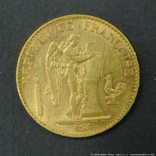 Neznámý autor - Francie zlatý 20 frank Anděl štěstí 1895. Zlato 900/1000, hrubá hmotnost 6,44g