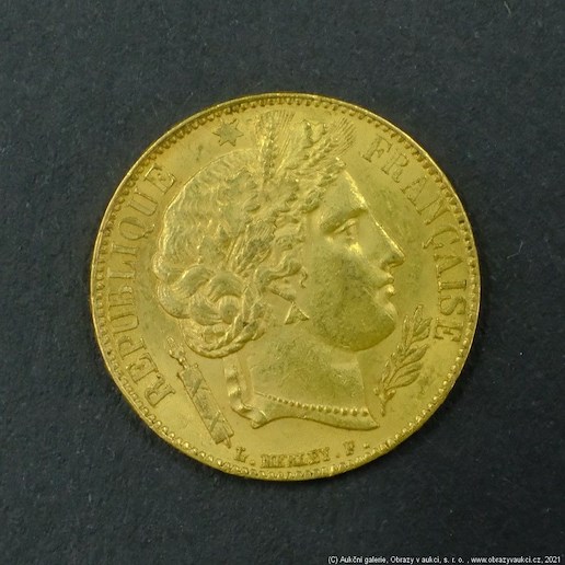 Neznámý autor - Francie zlatý 20 frank CERES 1851 A. Zlato 900/1000, hrubá hmotnost 6,41g