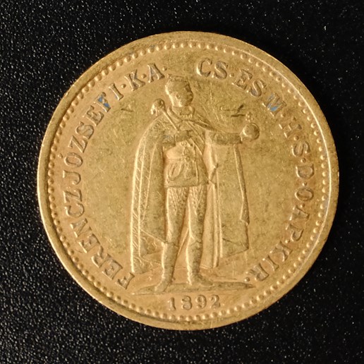 Mince - Rakousko Uhersko zlatá 10 Koruna 1892 K.B. uherská,  Zlato 900/1000, hrubá hmotnost mince 3,387g