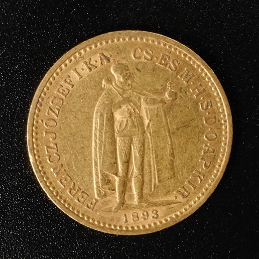 Mince - Rakousko Uhersko zlatá 10 Koruna 1893 K.B. uherská, Zlato 900/1000, hrubá hmotnost mince 3,387g