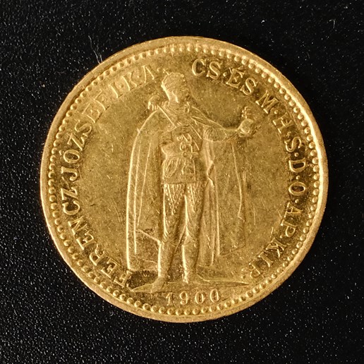 Mince - Rakousko Uhersko zlatá 10 Koruna 1900 K.B. uherská,  zlato 900/1000, hrubá hmotnost mince 3,387g