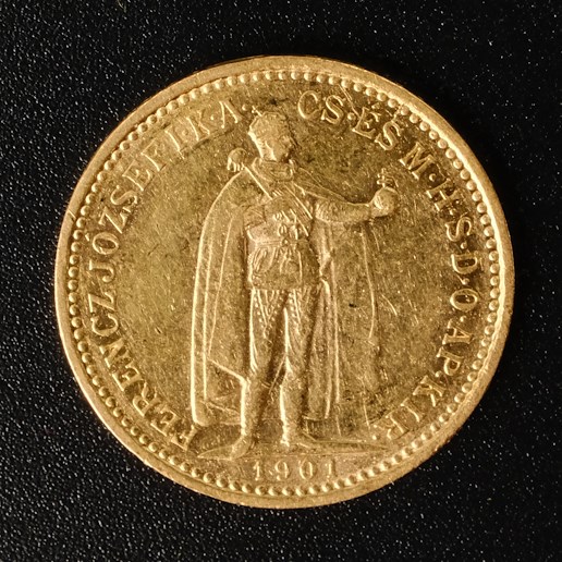 Mince - Rakousko Uhersko zlatá 10 Koruna 1901 K.B. uherská. Zlato 900/1000, hrubá hmotnost mince 3,387g