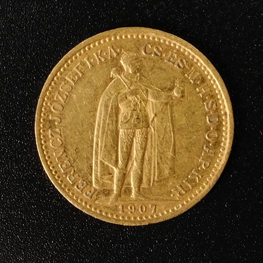 Mince - Rakousko Uhersko zlatá 10 Koruna 1907 K.B. uherská, Zlato 900/1000, hrubá hmotnost mince 3,387g
