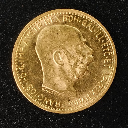 Mince - Rakousko Uhersko zlatá 10 Koruna 1910 rakouská, Zlato 900/1000, hrubá hmotnost mince 3,387g