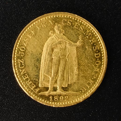 Mince - Rakousko Uhersko zlatá 20 Koruna 1892 K.B. uherská, Zlato 900/1000, hrubá hmotnost mince 6,78g