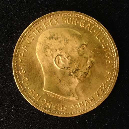 Mince - Rakousko Uhersko zlatá 20 Koruna 1915 rakouská, Zlato 900/1000, hrubá hmotnost mince 6,78 g