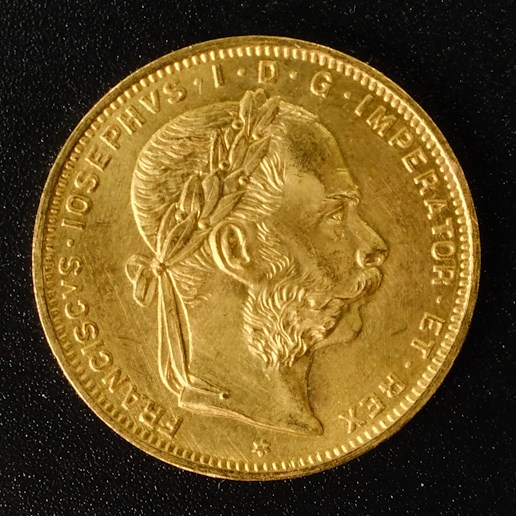 Mince - Rakousko Uhersko zlatý 8 zlatník/20frank 1892 rakouský pokračující ražba, Zlato 900/1000, hrubá hmotnost mince 6,452g