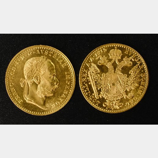 Mince - Rakousko Uhersko zlatý 1 dukát 1915 pokračující ražba !!! 2 KUSY!!!  Zlato 986/1000, hrubá hmotnost mince 3,491g