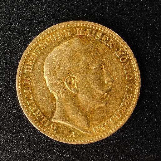 Mince - Německá říše zlatá 20 Marka 1896 A Wilhelm II., Zlato 900/1000, hrubá hmotnost mince 7,965g