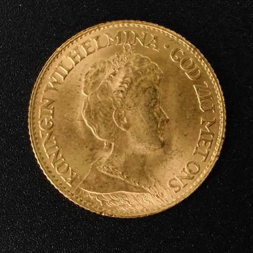 Mince - Holandsko zlatý 10 Gulden Wilhelmina 1917, Zlato 900/1000, hrubá hmotnost mince 6,729g
