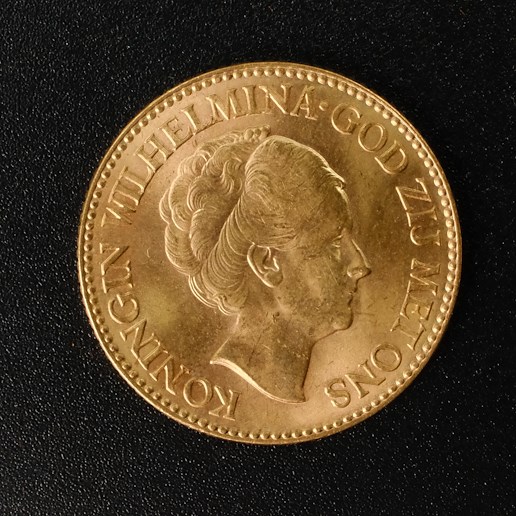 Mince - Holandsko zlatý 10 Gulden Wilhelmina 1932, Zlato 900/1000, hrubá hmotnost mince 6,729g