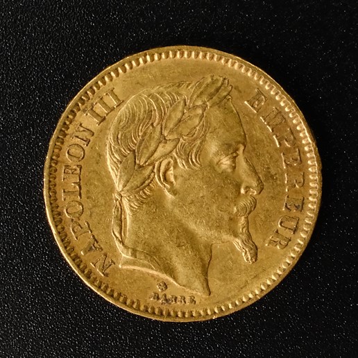 Mince - Francie zlatý 20 frank NAPOLEON III. 1866 BB, Zlato 900/1000, hrubá hmotnost 6,45g