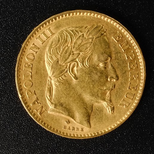 Mince - Francie zlatý 20 frank NAPOLEON III. 1867 A, Zlato 900/1000, hrubá hmotnost 6,45g