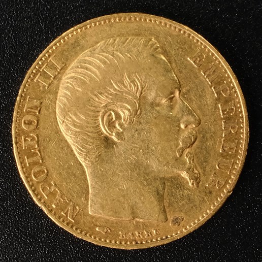 Mince - Francie zlatý 20 frank NAPOLEON III. 1857 A, Zlato 900/1000, hrubá hmotnost 6,45g