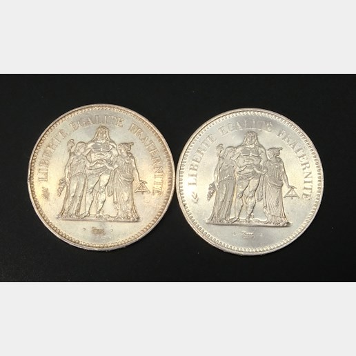 Mince - SADA stříbro 2 kusů 50 Frank Francie 1975-76, Stříbro 900/1000, hrubá hmotnost 1 ks 30g