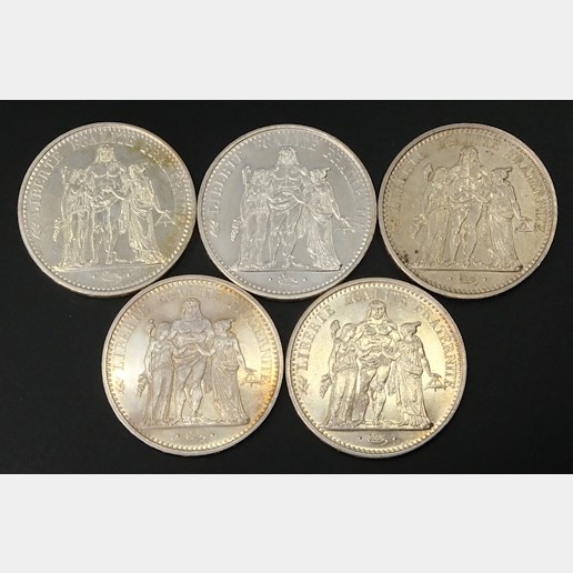 Mince - SADA stříbro 5 kusů 10 Frank Francie 1968-72, Stříbro 900/1000, hrubá hmotnost 1 ks 25g