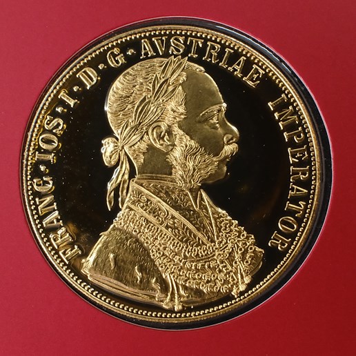 Mince - Rakousko Uhersko zlatý 4 dukát 1915 pokračující ražba originální obal, Zlato 986/1000, hrubá hmotnost mince 13,964g